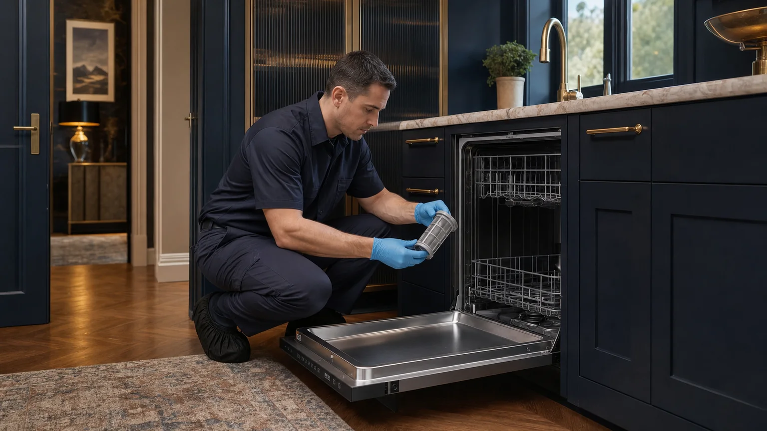 Panel-ready dishwasher prepared for a professional diagnostic visit